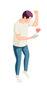 Drawing of a man holding a phone with a heart above it and pumping the air for joy.