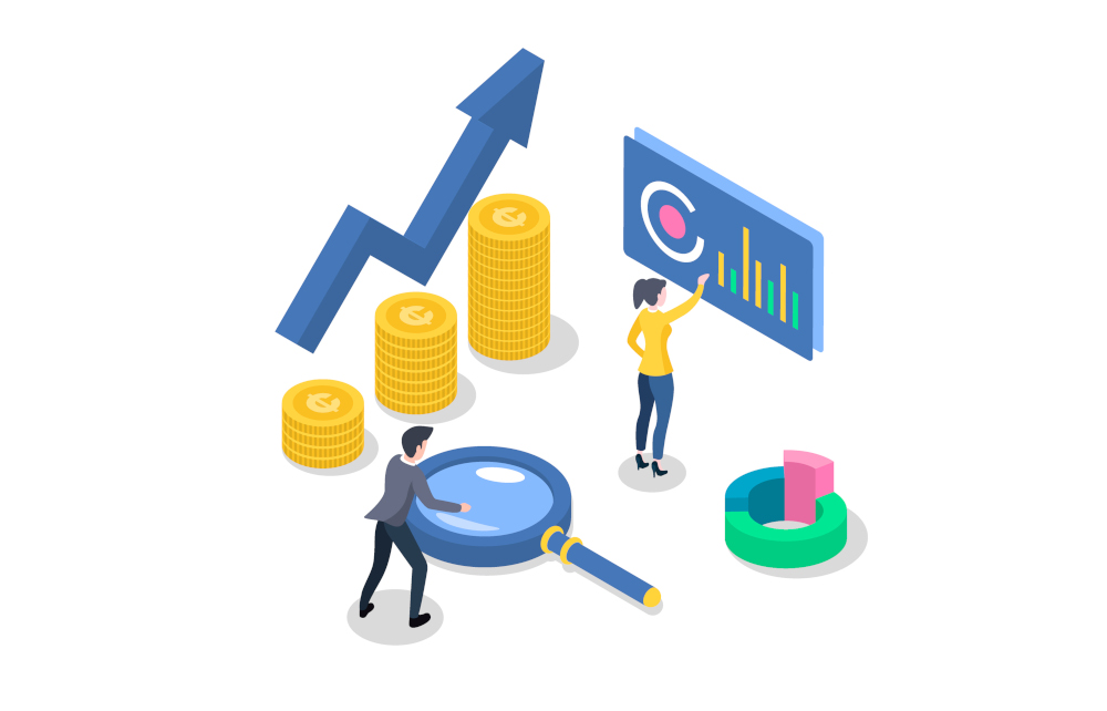 Drawing of little people looking at charts and graphs, with increasing stacks of coins beside them.