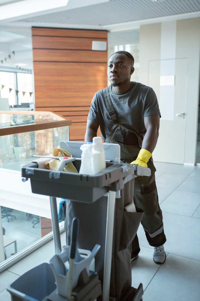 black man pushing a cleaning trolley in an office black man pushing a cleaning trolley in an office