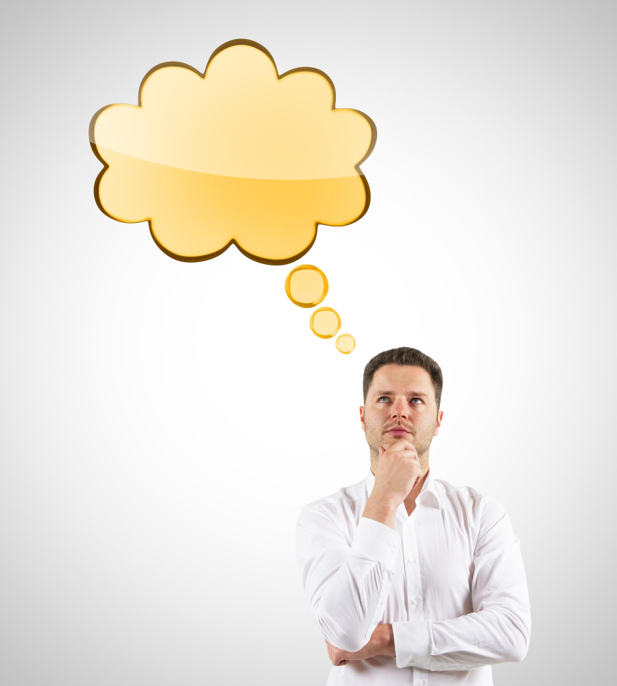 man with thought bubble above his head man with thought bubble above his head