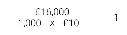 Formula: £16,000 divided by the product of 1,000 times £10, all minus 1 Formula: £16,000 divided by the product of 1,000 times £10, all minus 1