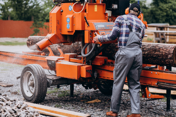 man pushing a log through a sawmill man pushing a log through a sawmill