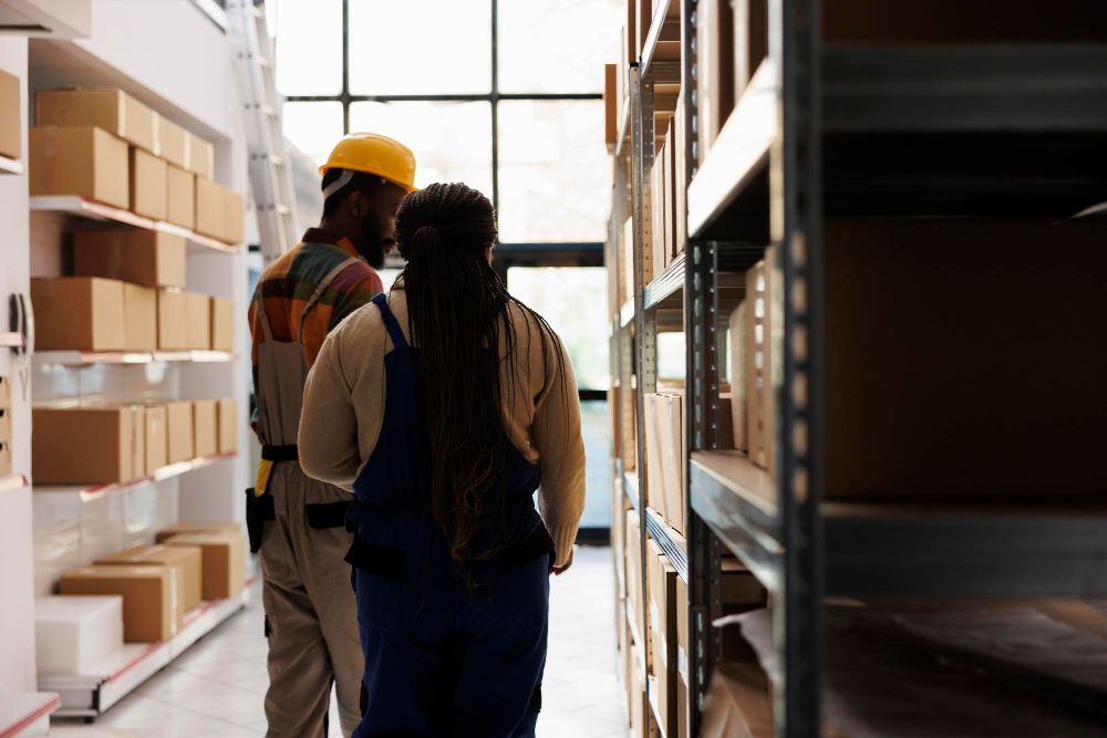 two people from the back in a stocked warehouse two people from the back in a stocked warehouse
