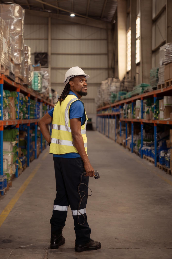 portrait of black male worker wearing a hardhat and reflective vest holding a hand scanner, working in a warehouse portrait of black male worker wearing a hardhat and reflective vest holding a hand scanner, working in a warehouse
