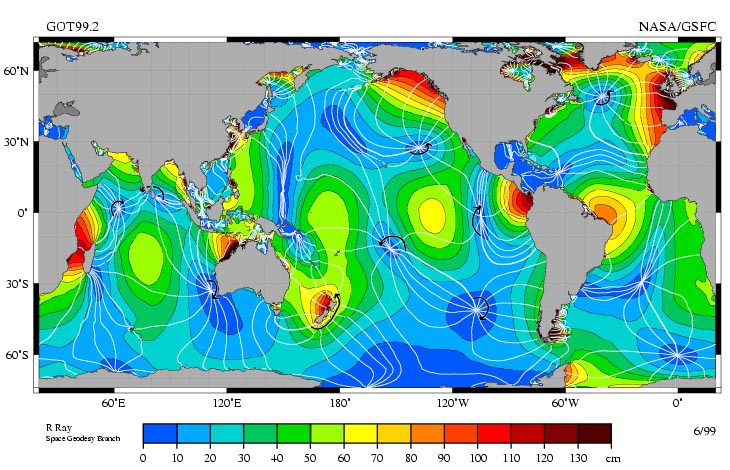 Map of the world focused on the oceans, showing gradations from dark blue through green, yellow, orange, to deep red. The colours are in concentric shapes. There is dark blue (almost no difference between high tide and low tide) in the Mediterranean, Caribbean, between Japan and China, the south-west coast of Australia, along part of Antarctica, and in various other places. There is deep red (the biggest difference between high tide and low tide) around the UK, Ireland, France, part of Spain, north-east Canada, north-west Australia, west New Zealand, small portions of the south-east Asian coast, southern South America, and other spots. Most of the world's oceans are light blue, green, or yellow, indicating some tidal change but not extreme.
